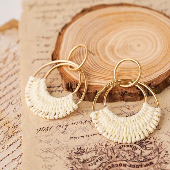 Handmade Raffia Hoop Earrings - Lightweight Boho Summer Beach Jewelry - Picture 3 of 7